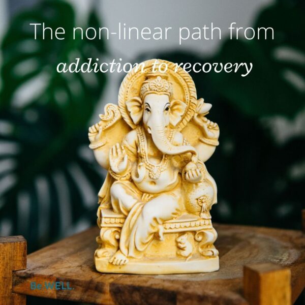 Statue to convey healing during the recovery from substance abuse. Image reads, "The non-linear path from addiction to recovery."