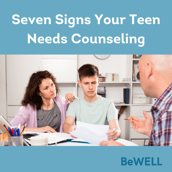 Image of parent and their teen in a mental health counseling session with an NYC therapist. Image reads "Seven signs your teen needs counseling."