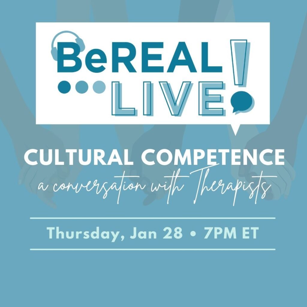 Promo image for BeREAL's first live wellness event. Image reads "BeREAL Live: Cultural Competence"
