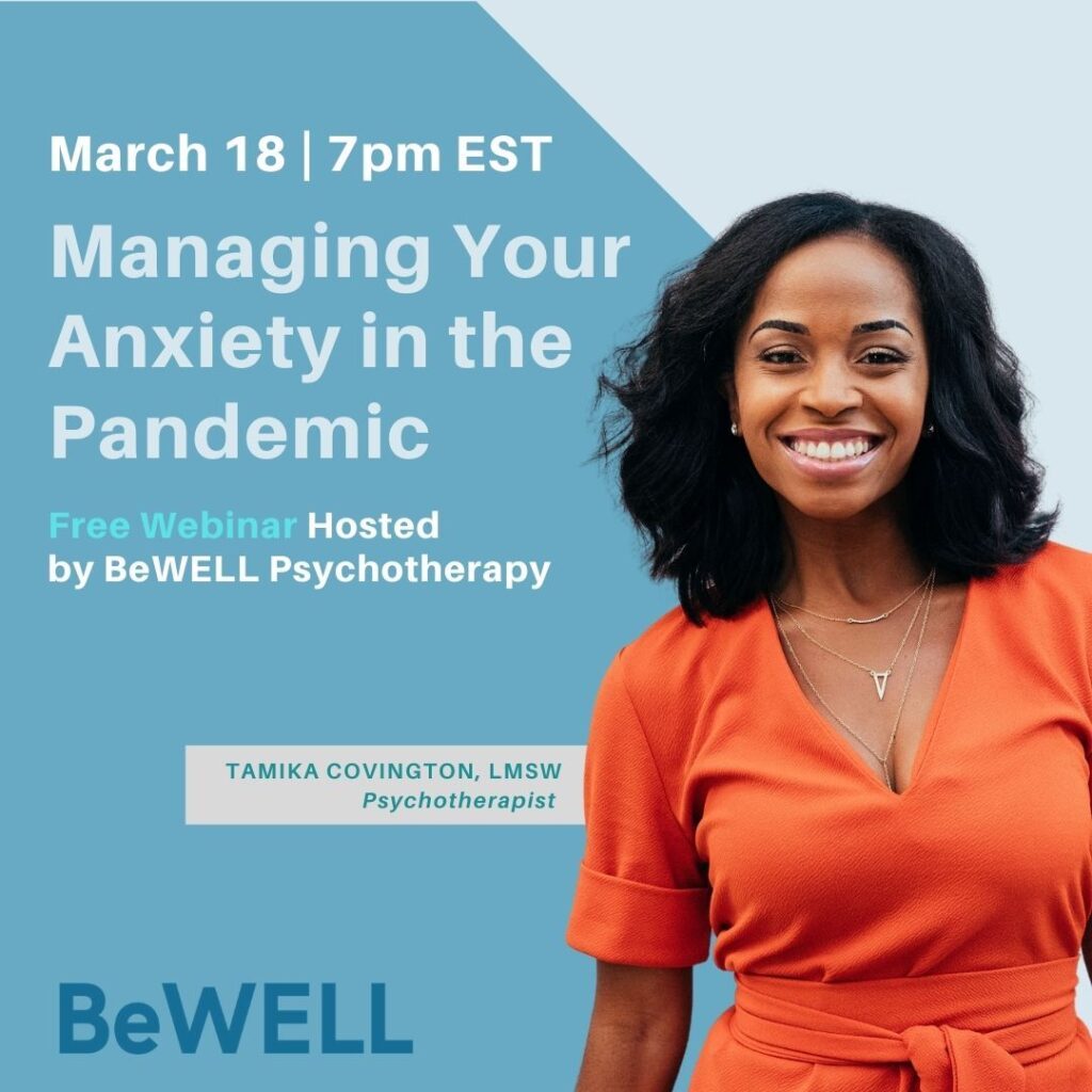 Promo image for March wellness event. Image reads "Managing your anxiety in the pandemic"