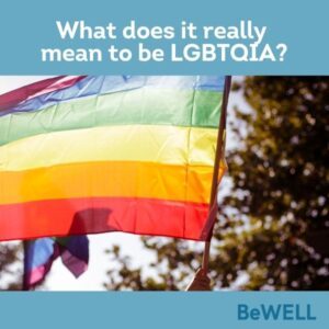 Image of a pride flag flying to show support for the LGBTQIA community. Image reads "What does it really mean to be LGBTQIA"