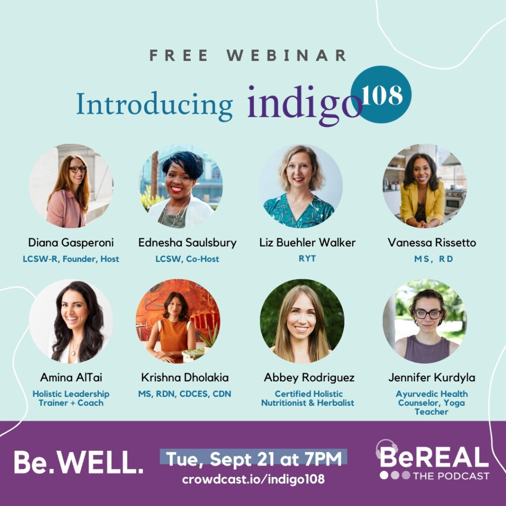 Promo image for the BeWELL event introducing our new wellness initiative, Indigo108. Image reads "Free Webinar - Introducing Indigo108"
